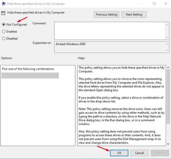Πώς να κρύψεις δίσκους στα Windows 8 επιλέξτε «Δεν έχει ρυθμιστεί» για να επαναφέρετε τις αλλαγές
