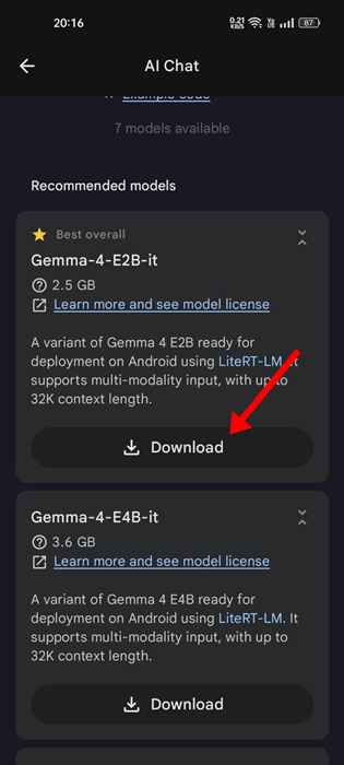 Πώς να εκτελέσετε το Gemma 4 τοπικά σε τηλέφωνο Android 6 κατεβάστε το προτεινόμενο μοντέλο Gemma 4