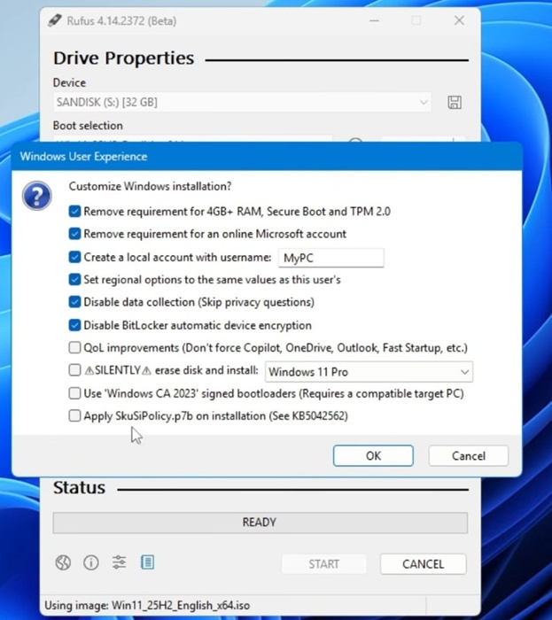 Λήψη Rufus 4.14 Beta Απεγκατάσταση και εγκατάσταση των Windows 11 2 νέες συμβουλές εργαλείων για όλα τα παράθυρα διαλόγου