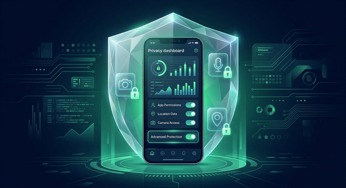 Πίνακας ελέγχου απορρήτου σε smartphone, με ρυθμίσεις αδειών εφαρμογών και δεδομένων, προστατευμένος από ψηφιακή ασπίδα