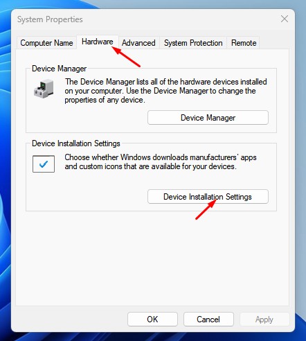 Πώς να σταματήσεις τα Windows 11 από το αυτόματο κατέβασμα οδηγών (3 τρόποι) 2 Καρτέλα Υλικό στις ιδιότητες συστήματος των Windows 11